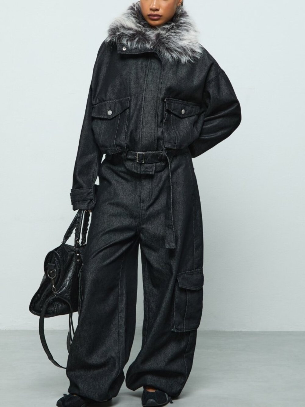 Black Casual Women's Belted Contrast Faux Fur Loose Drop Shoulder Jacket